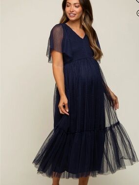 PinkBlush Maternity Navy Blue Dotted Tulle Smocked Midi Dress